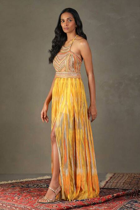 RI.Ritu Kumar Yellow Shell Fabric - 100% Viscose Print Inika Embroidered Bodice Dress Online at Aza Fashions RI.Ritu Kumar_Yellow Shell Fabric - 100% Viscose Print Inika Embroidered Bodice Dress _Online_at_Aza_Fashions