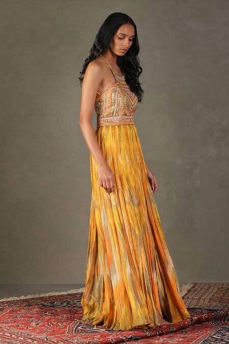Buy RI.Ritu Kumar Yellow Shell Fabric - 100% Viscose Print Inika Embroidered Bodice Dress Online at Aza Fashions Buy_RI.Ritu Kumar_Yellow Shell Fabric - 100% Viscose Print Inika Embroidered Bodice Dress _Online_at_Aza_Fashions