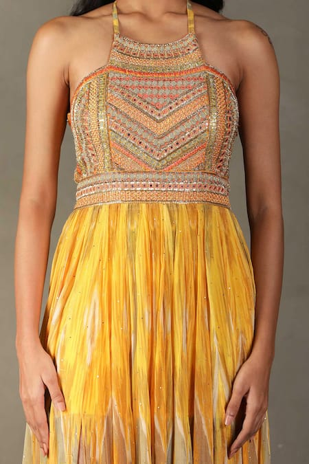 Shop RI.Ritu Kumar Yellow Shell Fabric - 100% Viscose Print Inika Embroidered Bodice Dress Online at Aza Fashions Shop_RI.Ritu Kumar_Yellow Shell Fabric - 100% Viscose Print Inika Embroidered Bodice Dress _Online_at_Aza_Fashions