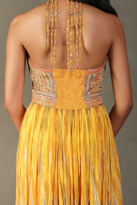 RI.Ritu Kumar Yellow Shell Fabric - 100% Viscose Print Inika Embroidered Bodice Dress at Aza Fashions RI.Ritu Kumar_Yellow Shell Fabric - 100% Viscose Print Inika Embroidered Bodice Dress _at_Aza_Fashions