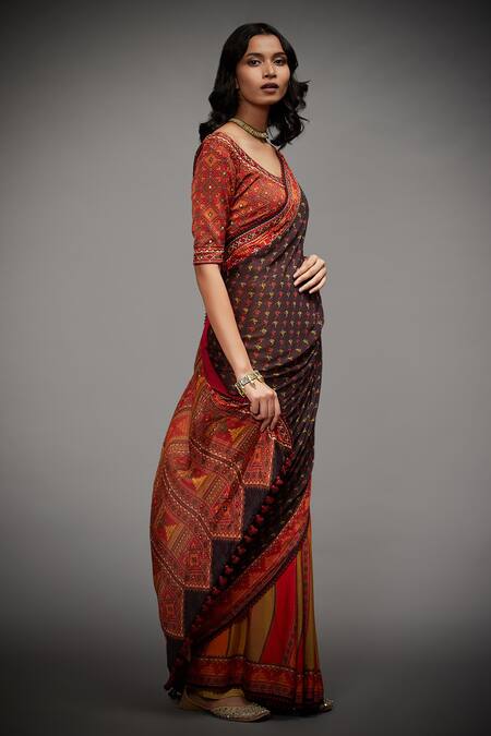 Shop_RI.Ritu Kumar_Black 100% Viscose Embroidery Falguni Saree With Unstitched Blouse Piece_Online_at_Aza_Fashions