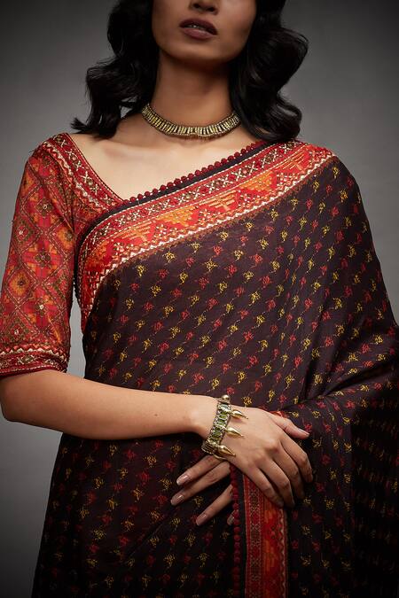 RI.Ritu Kumar_Black 100% Viscose Embroidery Falguni Saree With Unstitched Blouse Piece_at_Aza_Fashions