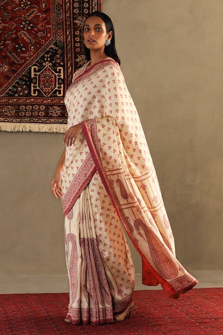 Shop_RI.Ritu Kumar_Cream Saree - 100% Silk Print Geometric V Neck Jannat With Blouse _Online_at_Aza_Fashions