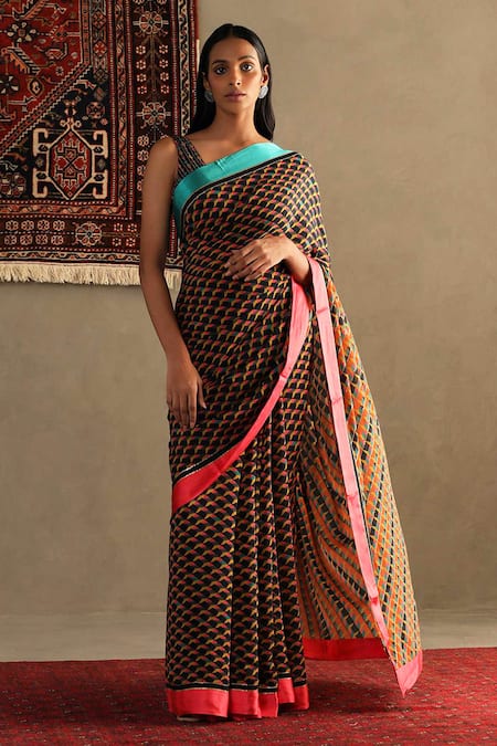 RI.Ritu Kumar Black Silk, Viscose Embroidery V-neck Kaleidoscope Print Saree With Blouse