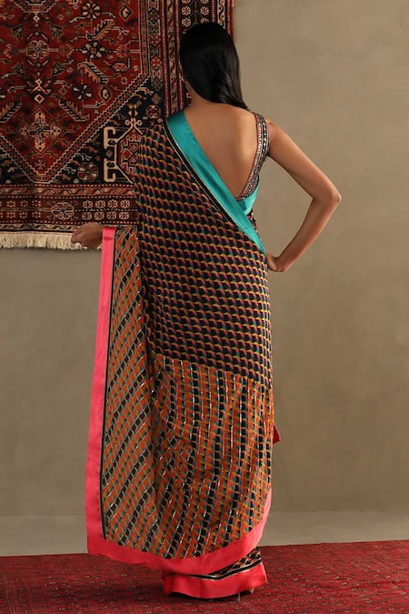 Shop RI.Ritu Kumar Black Silk, Viscose Embroidery V-neck Kaleidoscope Print Saree With Blouse at Aza Fashions Shop_RI.Ritu Kumar_Black Silk, Viscose Embroidery V-neck Kaleidoscope Print Saree With Blouse _at_Aza_Fashions