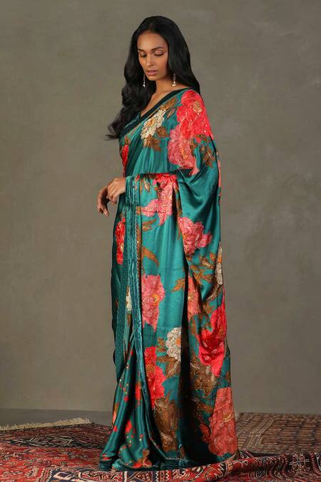 RI.Ritu Kumar_Blue Saree - 100% Silk Print Floral V Neck Bella With Blouse_Online_at_Aza_Fashions