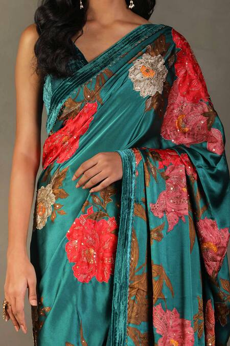 Shop_RI.Ritu Kumar_Blue Saree - 100% Silk Print Floral V Neck Bella With Blouse_Online_at_Aza_Fashions