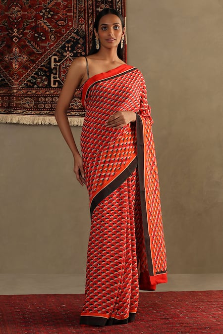 RI.Ritu Kumar Red Viscose Chinon Print Kaleidoscope Asymmetric Geometric Saree With Blouse 