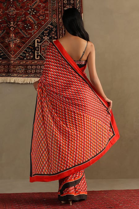 Shop_RI.Ritu Kumar_Red Viscose Chinon Print Kaleidoscope Asymmetric Geometric Saree With Blouse _at_Aza_Fashions