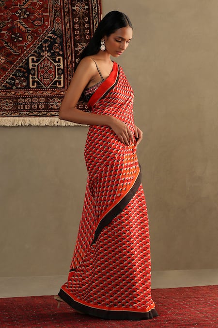 RI.Ritu Kumar_Red Viscose Chinon Print Kaleidoscope Asymmetric Geometric Saree With Blouse _Online_at_Aza_Fashions