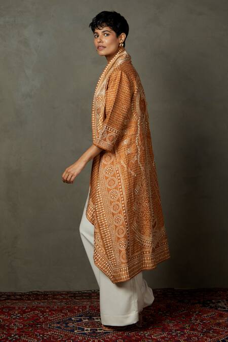 RI.Ritu Kumar_Brown 100% Silk Embroidered Kantha Open Bhairavi Jacket_Online_at_Aza_Fashions
