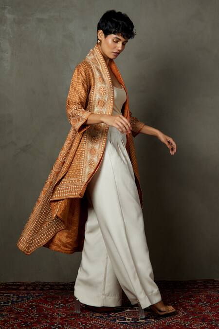 Buy_RI.Ritu Kumar_Brown 100% Silk Embroidered Kantha Open Bhairavi Jacket_Online_at_Aza_Fashions
