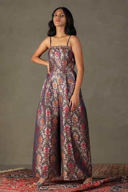 RI.Ritu Kumar_Purple 100% Silk Floral Square Rudraksh Pattern Jumpsuit _Online_at_Aza_Fashions