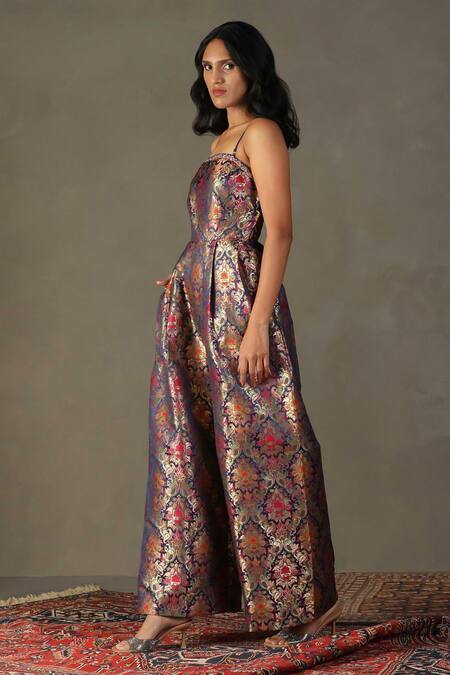 Buy_RI.Ritu Kumar_Purple 100% Silk Floral Square Rudraksh Pattern Jumpsuit _Online_at_Aza_Fashions