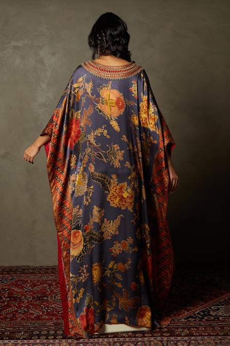 Shop RI.Ritu Kumar Blue 100% Silk Embellished Floral V-neck Romantic Flower Kaftan at Aza Fashions Shop_RI.Ritu Kumar_Blue 100% Silk Embellished Floral V-neck Romantic Flower Kaftan_at_Aza_Fashions