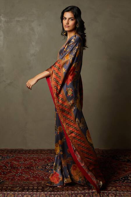 RI.Ritu Kumar Blue 100% Silk Embellished Floral V-neck Romantic Flower Kaftan Online at Aza Fashions RI.Ritu Kumar_Blue 100% Silk Embellished Floral V-neck Romantic Flower Kaftan_Online_at_Aza_Fashions