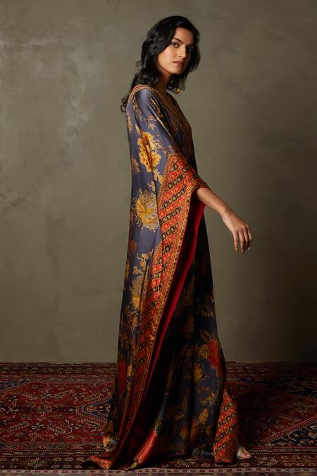 Buy RI.Ritu Kumar Blue 100% Silk Embellished Floral V-neck Romantic Flower Kaftan Online at Aza Fashions Buy_RI.Ritu Kumar_Blue 100% Silk Embellished Floral V-neck Romantic Flower Kaftan_Online_at_Aza_Fashions