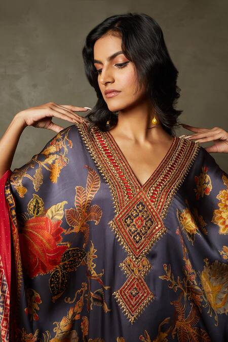 Shop RI.Ritu Kumar Blue 100% Silk Embellished Floral V-neck Romantic Flower Kaftan Online at Aza Fashions Shop_RI.Ritu Kumar_Blue 100% Silk Embellished Floral V-neck Romantic Flower Kaftan_Online_at_Aza_Fashions