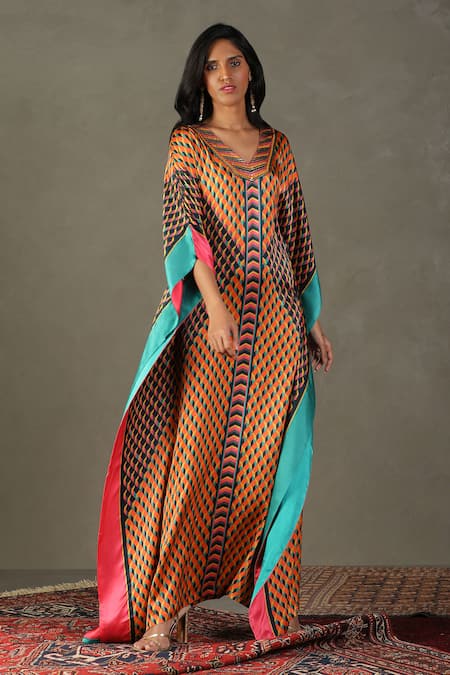 RI.Ritu Kumar Multi Color 100% Silk Embellished Geometric V-neck Kaleidoscope Pattern Kaftan 