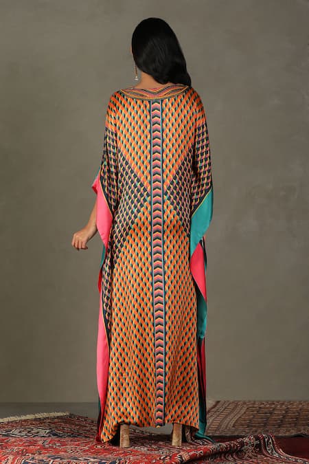 Shop RI.Ritu Kumar Multi Color 100% Silk Embellished Geometric V-neck Kaleidoscope Pattern Kaftan at Aza Fashions Shop_RI.Ritu Kumar_Multi Color 100% Silk Embellished Geometric V-neck Kaleidoscope Pattern Kaftan _at_Aza_Fashions