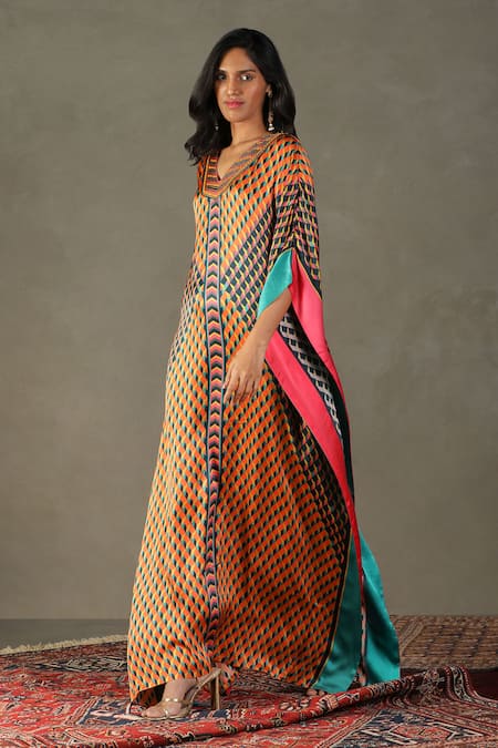 RI.Ritu Kumar Multi Color 100% Silk Embellished Geometric V-neck Kaleidoscope Pattern Kaftan Online at Aza Fashions RI.Ritu Kumar_Multi Color 100% Silk Embellished Geometric V-neck Kaleidoscope Pattern Kaftan _Online_at_Aza_Fashions