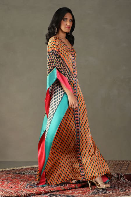 Buy RI.Ritu Kumar Multi Color 100% Silk Embellished Geometric V-neck Kaleidoscope Pattern Kaftan Online at Aza Fashions Buy_RI.Ritu Kumar_Multi Color 100% Silk Embellished Geometric V-neck Kaleidoscope Pattern Kaftan _Online_at_Aza_Fashions