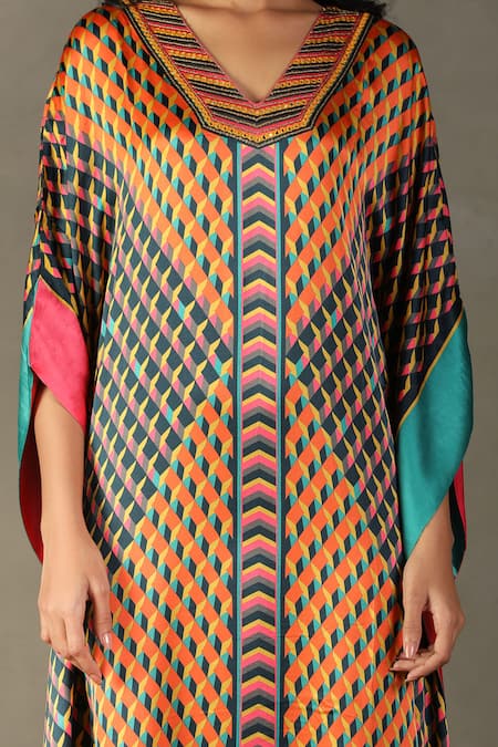 Shop RI.Ritu Kumar Multi Color 100% Silk Embellished Geometric V-neck Kaleidoscope Pattern Kaftan Online at Aza Fashions Shop_RI.Ritu Kumar_Multi Color 100% Silk Embellished Geometric V-neck Kaleidoscope Pattern Kaftan _Online_at_Aza_Fashions