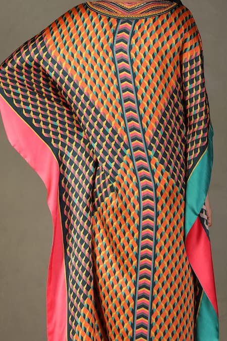 RI.Ritu Kumar Multi Color 100% Silk Embellished Geometric V-neck Kaleidoscope Pattern Kaftan at Aza Fashions RI.Ritu Kumar_Multi Color 100% Silk Embellished Geometric V-neck Kaleidoscope Pattern Kaftan _at_Aza_Fashions