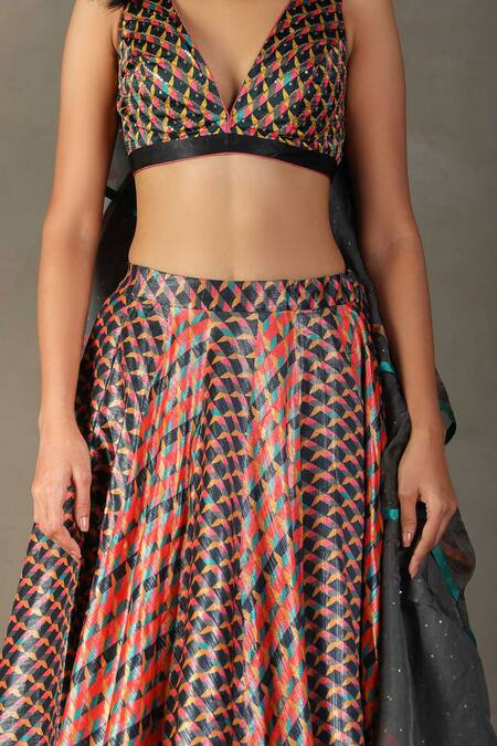 Shop RI.Ritu Kumar Multi Color Lehenga 100% Polyester Embellished Kaleidoscope Print Set Online at Aza Fashions Shop_RI.Ritu Kumar_Multi Color Lehenga 100% Polyester Embellished Kaleidoscope Print Set _Online_at_Aza_Fashions