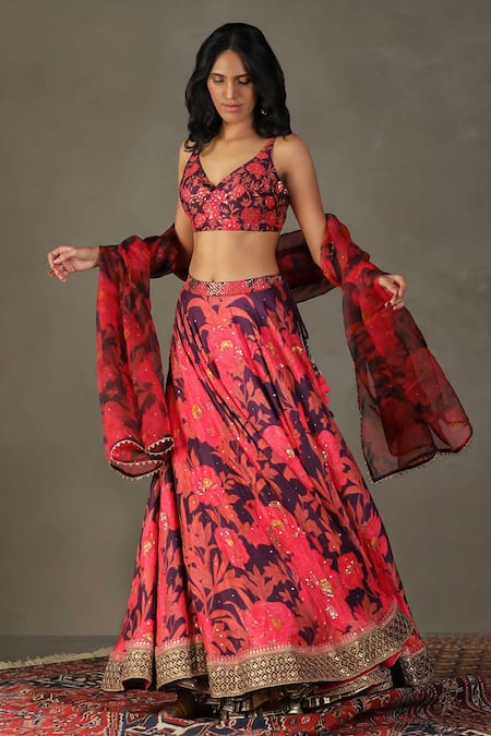 RI.Ritu Kumar Bella Silk Floral Jaal Print Lehenga Set 