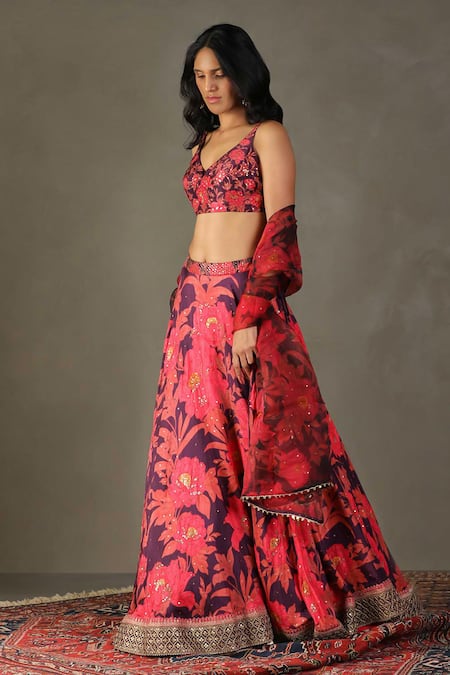 RI.Ritu Kumar Pink 100% Silk Embellished Floral V-neck Bella Jaal Print Lehenga Set Online at Aza Fashions RI.Ritu Kumar_Pink 100% Silk Embellished Floral V-neck Bella Jaal Print Lehenga Set _Online_at_Aza_Fashions