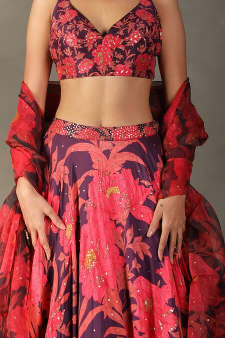 Shop RI.Ritu Kumar Pink 100% Silk Embellished Floral V-neck Bella Jaal Print Lehenga Set Online at Aza Fashions Shop_RI.Ritu Kumar_Pink 100% Silk Embellished Floral V-neck Bella Jaal Print Lehenga Set _Online_at_Aza_Fashions