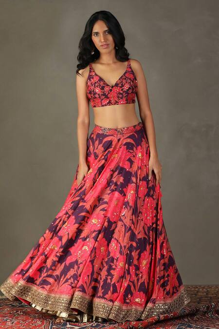 RI.Ritu Kumar Pink 100% Silk Embellished Floral V-neck Bella Jaal Print Lehenga Set at Aza Fashions RI.Ritu Kumar_Pink 100% Silk Embellished Floral V-neck Bella Jaal Print Lehenga Set _at_Aza_Fashions
