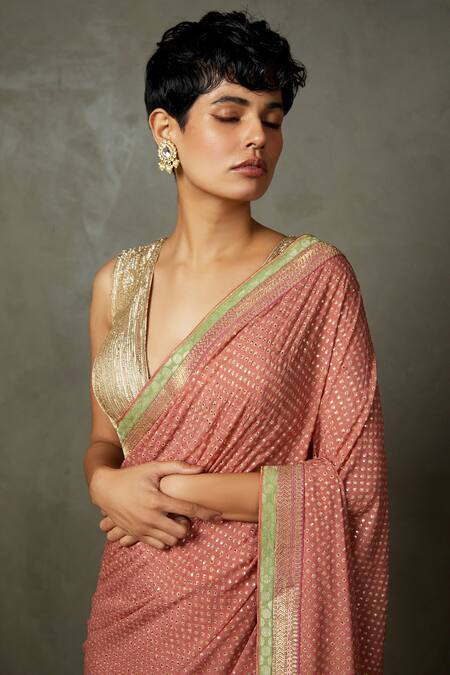 Buy_RI.Ritu Kumar_Pink Silk Sequins Sohini Bandhani Pattern Saree With Unstitched Blouse Piece_Online_at_Aza_Fashions