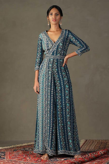 Buy Blue Viscose Embellished Aari V neck Bougaenvilla Floral Vine Pattern Jumpsuit For Women by RI.Ritu Kumar Online at Aza Fashions in US