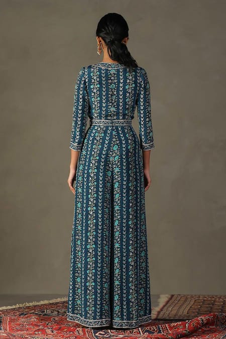 Shop RI.Ritu Kumar Blue Viscose Embellished Aari V-neck Bougaenvilla Floral Vine Pattern Jumpsuit at Aza Fashions Shop_RI.Ritu Kumar_Blue Viscose Embellished Aari V-neck Bougaenvilla Floral Vine Pattern Jumpsuit_at_Aza_Fashions