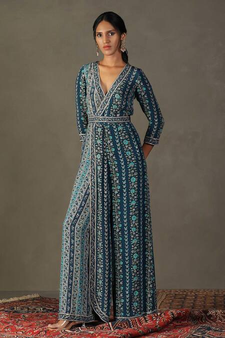 RI.Ritu Kumar Blue Viscose Embellished Aari V-neck Bougaenvilla Floral Vine Pattern Jumpsuit Online at Aza Fashions RI.Ritu Kumar_Blue Viscose Embellished Aari V-neck Bougaenvilla Floral Vine Pattern Jumpsuit_Online_at_Aza_Fashions
