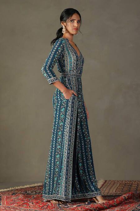 Buy RI.Ritu Kumar Blue Viscose Embellished Aari V-neck Bougaenvilla Floral Vine Pattern Jumpsuit Online at Aza Fashions Buy_RI.Ritu Kumar_Blue Viscose Embellished Aari V-neck Bougaenvilla Floral Vine Pattern Jumpsuit_Online_at_Aza_Fashions