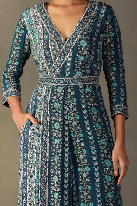 Shop RI.Ritu Kumar Blue Viscose Embellished Aari V-neck Bougaenvilla Floral Vine Pattern Jumpsuit Online at Aza Fashions Shop_RI.Ritu Kumar_Blue Viscose Embellished Aari V-neck Bougaenvilla Floral Vine Pattern Jumpsuit_Online_at_Aza_Fashions