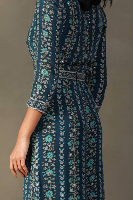 RI.Ritu Kumar Blue Viscose Embellished Aari V-neck Bougaenvilla Floral Vine Pattern Jumpsuit at Aza Fashions RI.Ritu Kumar_Blue Viscose Embellished Aari V-neck Bougaenvilla Floral Vine Pattern Jumpsuit_at_Aza_Fashions