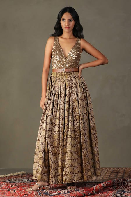 RI.Ritu Kumar Brown 100% Silk Embellished Sequin V-neck Rudraksh Bodice Jumpsuit 