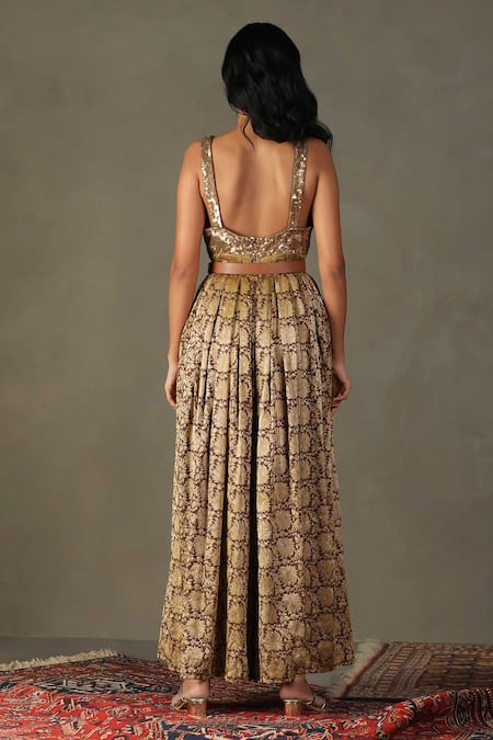 Shop_RI.Ritu Kumar_Brown Silk, Viscose Sequins V-neck Rudraksh Embellished Bodice Jumpsuit _at_Aza_Fashions
