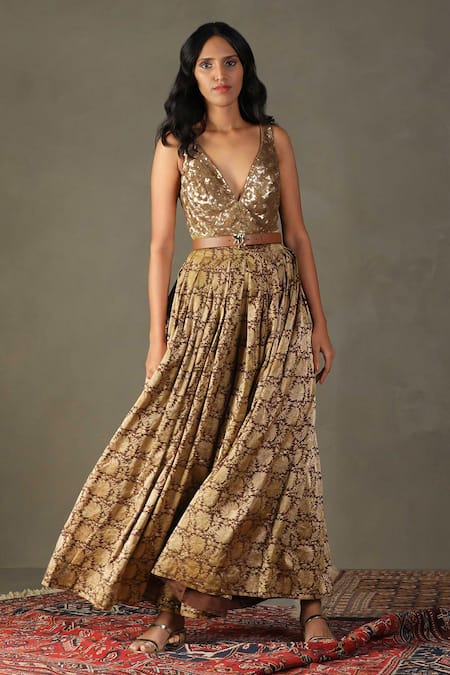 RI.Ritu Kumar_Brown Silk, Viscose Sequins V-neck Rudraksh Embellished Bodice Jumpsuit _Online_at_Aza_Fashions