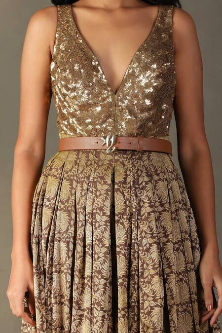 Buy_RI.Ritu Kumar_Brown Silk, Viscose Sequins V-neck Rudraksh Embellished Bodice Jumpsuit _Online_at_Aza_Fashions