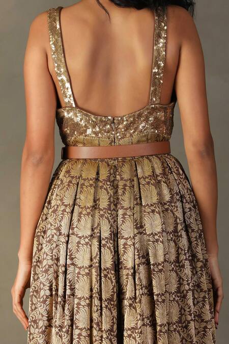 Shop_RI.Ritu Kumar_Brown Silk, Viscose Sequins V-neck Rudraksh Embellished Bodice Jumpsuit _Online_at_Aza_Fashions