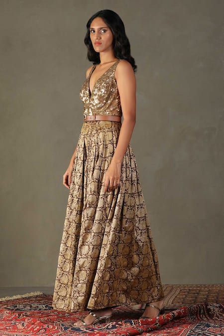 RI.Ritu Kumar_Brown Silk, Viscose Sequins V-neck Rudraksh Embellished Bodice Jumpsuit _at_Aza_Fashions