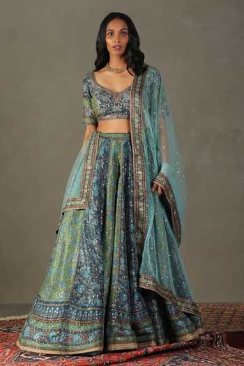 Buy RI.Ritu Kumar Blue Lehenga And Blouse 100% Silk Embellished Bougainvillea Botanic Print Set at Aza Fashions Buy_RI.Ritu Kumar_Blue Lehenga And Blouse 100% Silk Embellished Bougainvillea Botanic Print Set_at_Aza_Fashions