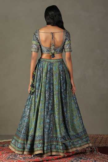 Shop RI.Ritu Kumar Blue Lehenga And Blouse 100% Silk Embellished Bougainvillea Botanic Print Set at Aza Fashions Shop_RI.Ritu Kumar_Blue Lehenga And Blouse 100% Silk Embellished Bougainvillea Botanic Print Set_at_Aza_Fashions