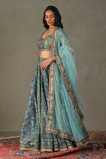 RI.Ritu Kumar Blue Lehenga And Blouse 100% Silk Embellished Bougainvillea Botanic Print Set Online at Aza Fashions RI.Ritu Kumar_Blue Lehenga And Blouse 100% Silk Embellished Bougainvillea Botanic Print Set_Online_at_Aza_Fashions