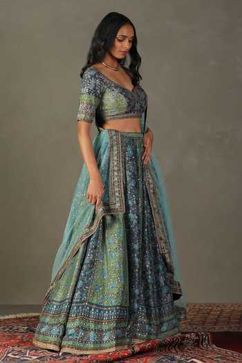 Buy RI.Ritu Kumar Blue Lehenga And Blouse 100% Silk Embellished Bougainvillea Botanic Print Set Online at Aza Fashions Buy_RI.Ritu Kumar_Blue Lehenga And Blouse 100% Silk Embellished Bougainvillea Botanic Print Set_Online_at_Aza_Fashions